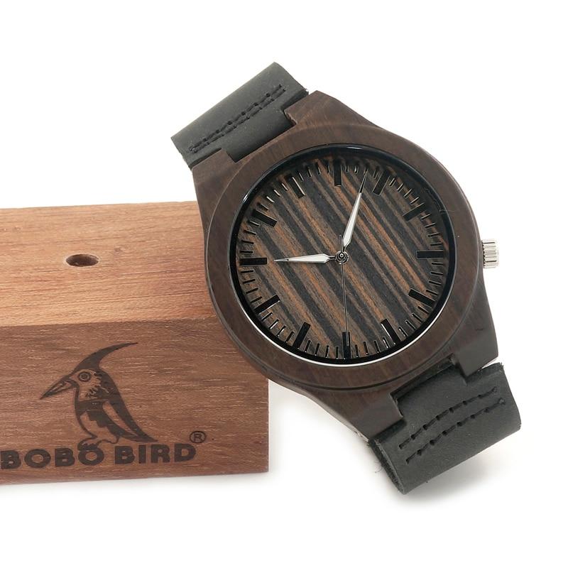 BOBO BIRD Men's 100% Natural Ebony Wooden Bamboo & Leather Watch - bamboostylez