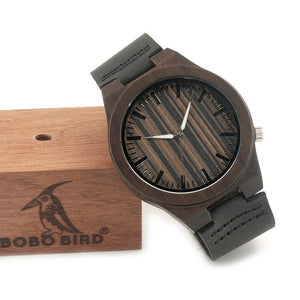 BOBO BIRD Men's 100% Natural Ebony Wooden Bamboo & Leather Watch - bamboostylez