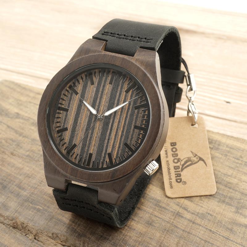 BOBO BIRD Men's 100% Natural Ebony Wooden Bamboo & Leather Watch - bamboostylez