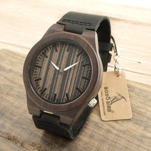 BOBO BIRD Men's 100% Natural Ebony Wooden Bamboo & Leather Watch - bamboostylez