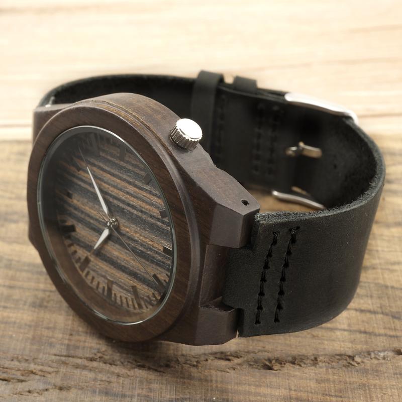 BOBO BIRD Men's 100% Natural Ebony Wooden Bamboo & Leather Watch - bamboostylez