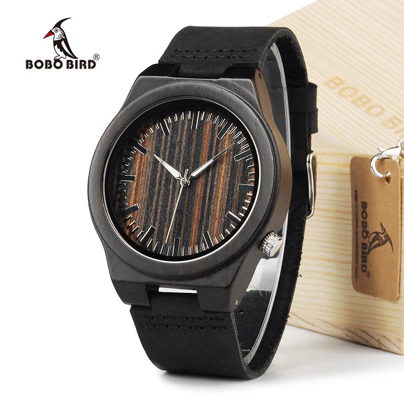 BOBO BIRD Men's 100% Natural Ebony Wooden Bamboo & Leather Watch - bamboostylez