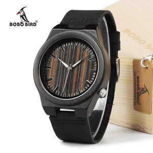 BOBO BIRD Men's 100% Natural Ebony Wooden Bamboo & Leather Watch - bamboostylez