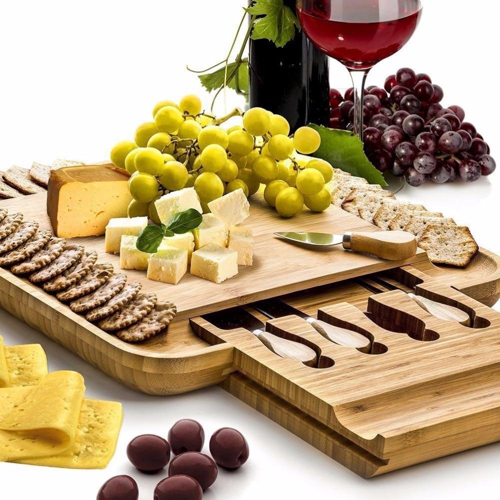 Bamboo Cheese Board with Cutlery Slide-Out Drawer & Knives - bamboostylez