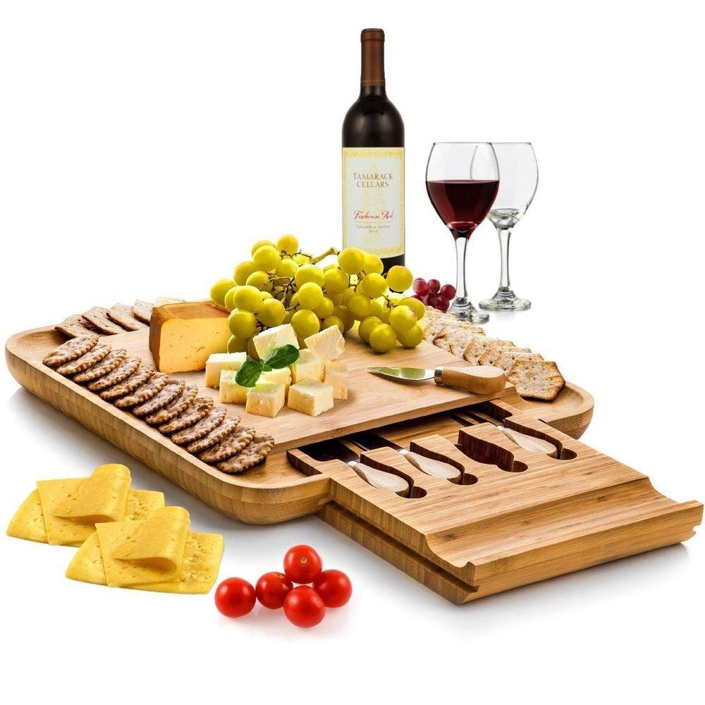 Bamboo Cheese Board with Cutlery Slide-Out Drawer & Knives - bamboostylez
