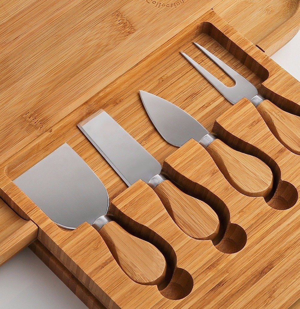 Bamboo Cheese Board with Cutlery Slide-Out Drawer & Knives - bamboostylez