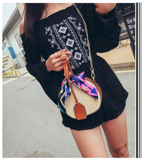 Bohemian Round Straw Rattan Woven Crossbody Shoulder Bag - bamboostylez